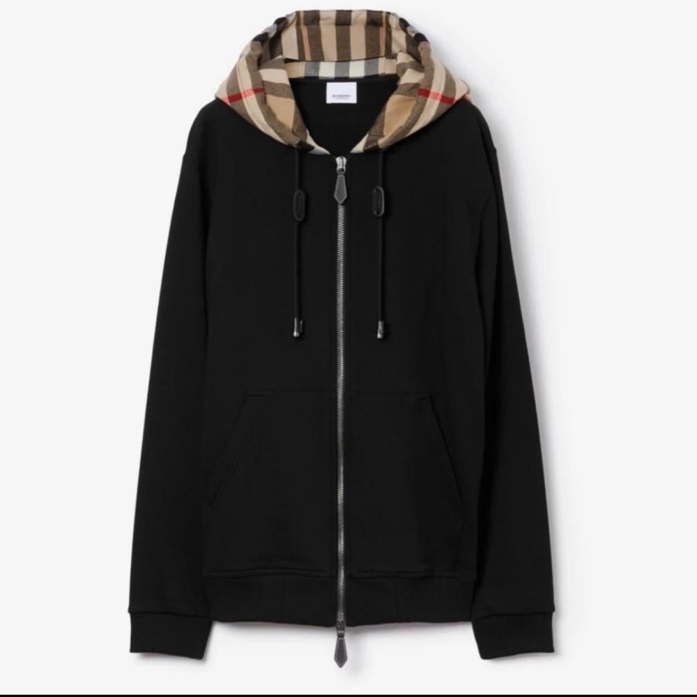 black Burberry Check Hood Cotton Zip Hoodie